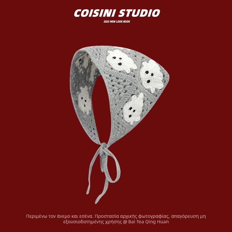 Πλεκτή στέκα μαλλιών με λουλούδι και καρό μοτίβο, στυλ τριγωνικού φουλαριού, άνοιξη 2025