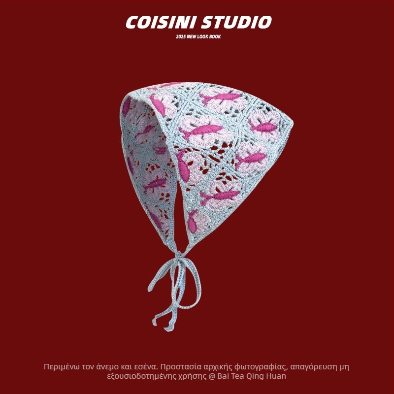 Πλεκτή στέκα μαλλιών με λουλούδι και καρό μοτίβο, στυλ τριγωνικού φουλαριού, άνοιξη 2025