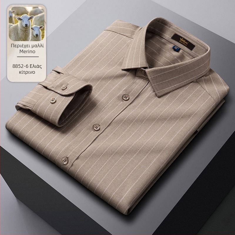 Πουκάμισο από μαλλί με ρίγες, μυτερή κολάρα, μακριά μανίκια, χαλαρή γραμμή.