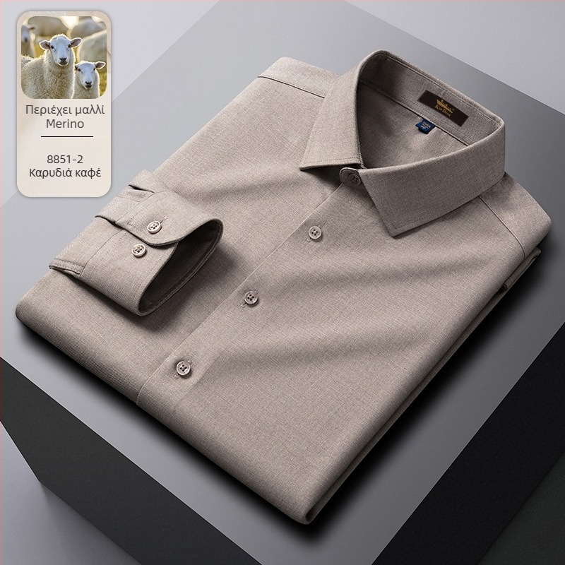 Πουκάμισο από μαλλί με ρίγες, μυτερή κολάρα, μακριά μανίκια, χαλαρή γραμμή.