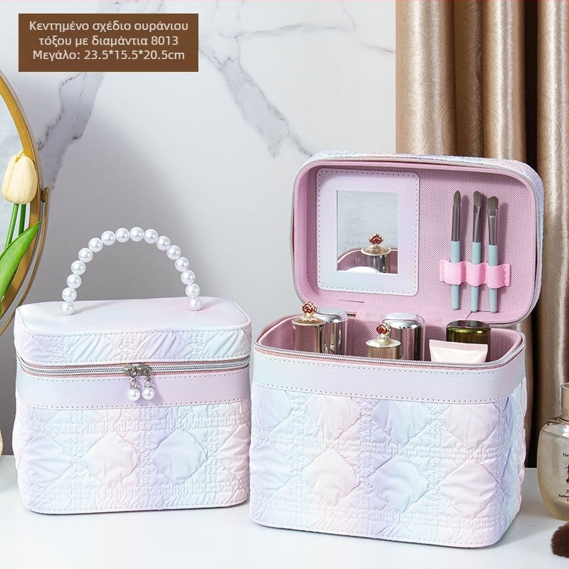 Θήκη καλλυντικών με καθρέφτη, PVC υλικό, κλείσιμο με φερμουάρ, καρό μοτίβο, φορητή με ρόδες παντός τύπου