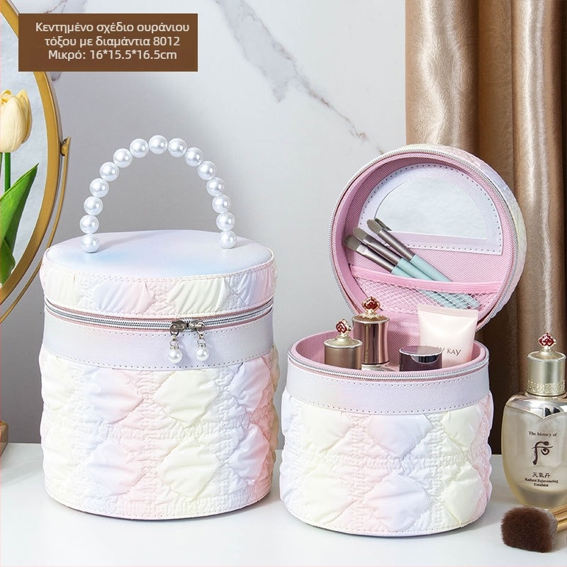 Θήκη καλλυντικών με καθρέφτη, PVC υλικό, κλείσιμο με φερμουάρ, καρό μοτίβο, φορητή με ρόδες παντός τύπου