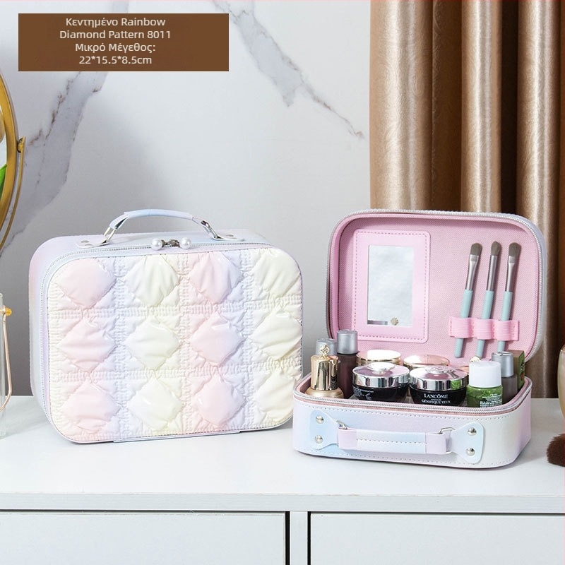 Θήκη καλλυντικών με καθρέφτη, PVC υλικό, κλείσιμο με φερμουάρ, καρό μοτίβο, φορητή με ρόδες παντός τύπου