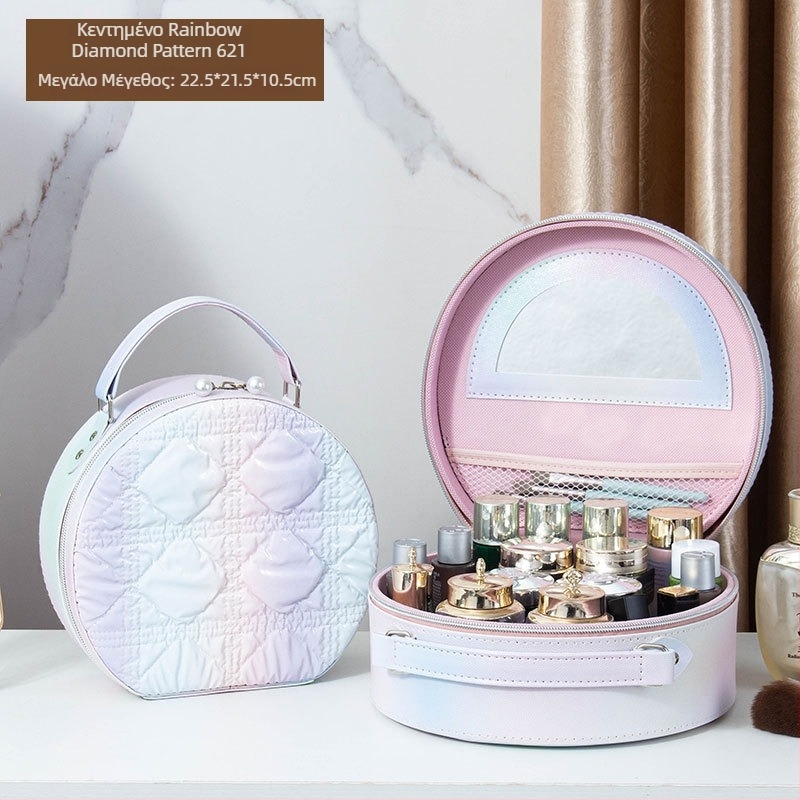 Θήκη καλλυντικών με καθρέφτη, PVC υλικό, κλείσιμο με φερμουάρ, καρό μοτίβο, φορητή με ρόδες παντός τύπου