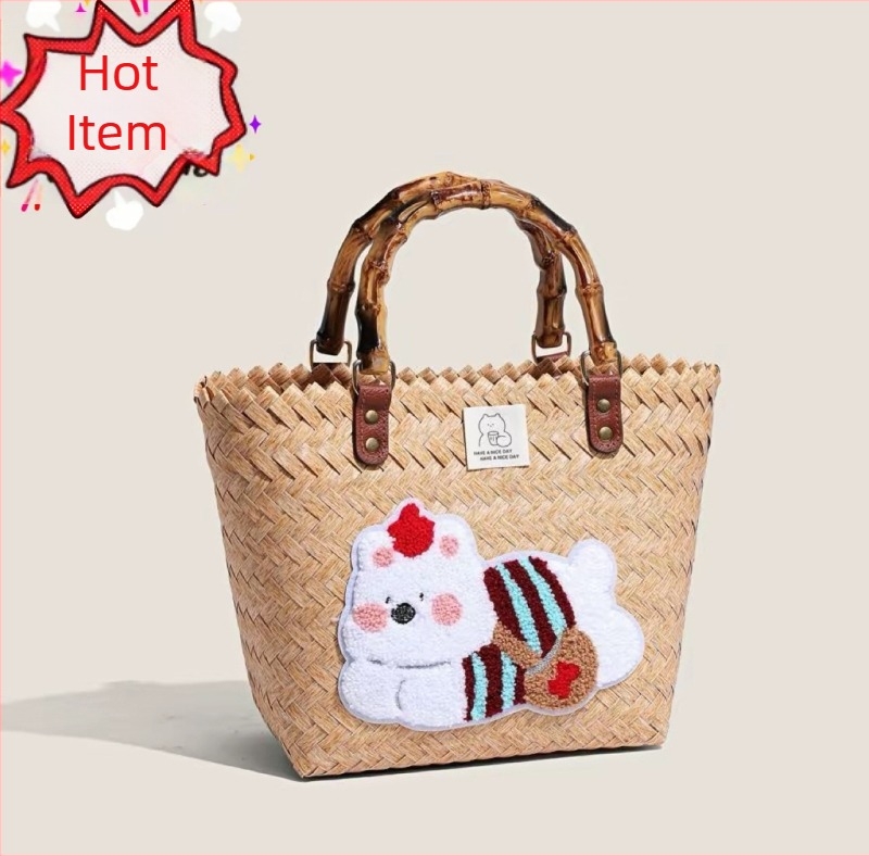 Πλεκτή PVC τσάντα χεριού, οβάλ παραλιακή τσάντα με ανοιχτή τσέπη, φρέσκο και γλυκό στυλ, PP επένδυση, καλοκαίρι 2024