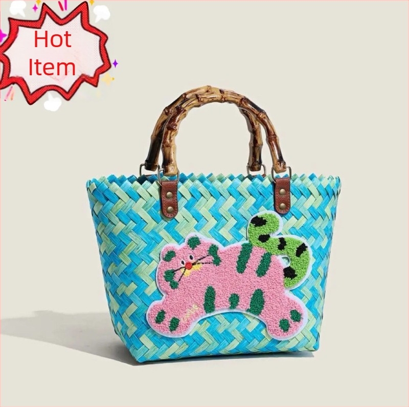 Πλεκτή PVC τσάντα χεριού, οβάλ παραλιακή τσάντα με ανοιχτή τσέπη, φρέσκο και γλυκό στυλ, PP επένδυση, καλοκαίρι 2024