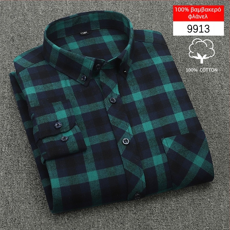 Ανδρικό πουκάμισο με μακριά μανίκια, καρό βαμβακερό, τετράγωνος γιακάς, casual άνετο στυλ, κατάλληλο για άνοιξη και φθινόπωρο