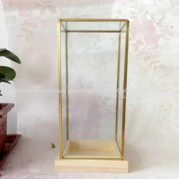 Τετράπλευρο γυάλινο terrarium με ξύλινη βάση, κάλυμμα προστασίας από τη σκόνη για διατηρημένα λουλούδια, καλλιτεχνικό διακοσμητικό αντικείμενο