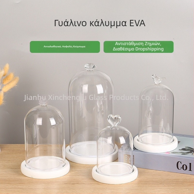 Κυλινδρικός γυάλινος θόλος με λευκή βαμμένη EVA βάση, χωρίς φως, προστασία από σκόνη για μικροσκοπικό τοπίο