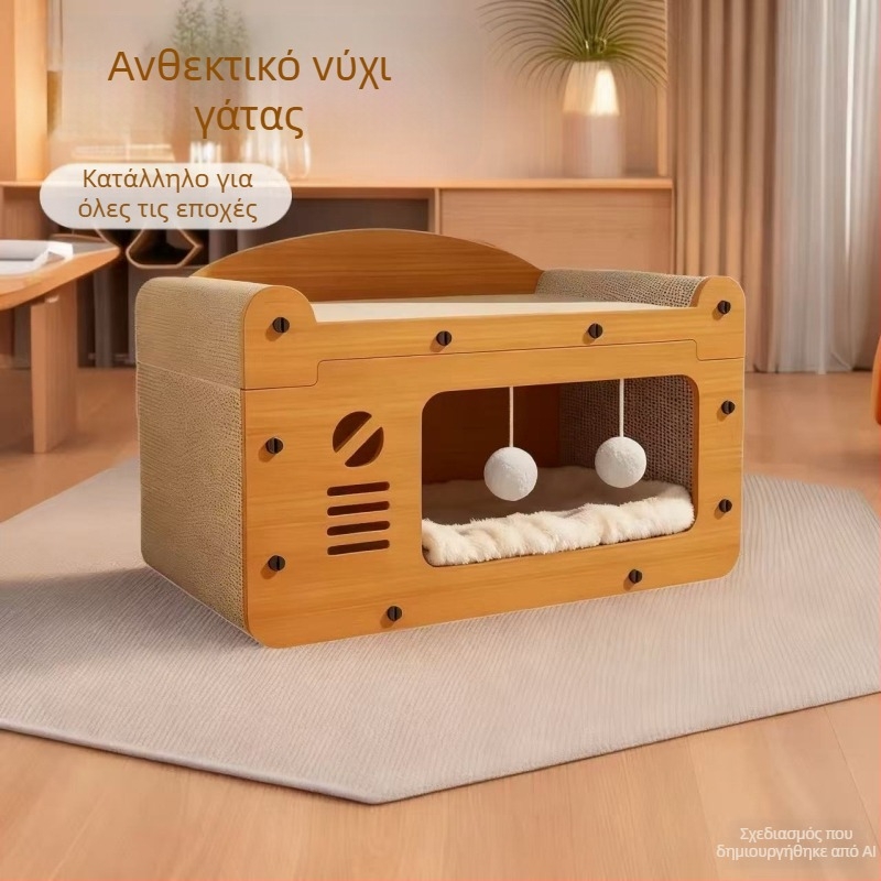 Μεγάλο σπίτι γάτας με κατακόρυφη σανίδα γρατζουνίσματος, τούνελ για γάτες, παιχνίδι αυτοδιασκέδασης, ανθεκτική επιφάνεια γρατζουρώματος