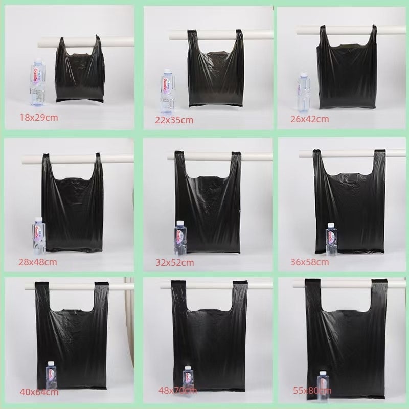 Μαύρες παχιές πλαστικές σακούλες απορριμμάτων, σε ποικιλία μεγεθών για οικιακή χρήση και κουζίνα, σακούλες με χειρολαβή και στυλ γιλέκου, βολικές