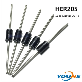 HER205 Διόρθωτική δίοδος, 2A 400V, DO-15, για LED τροφοδοτικό