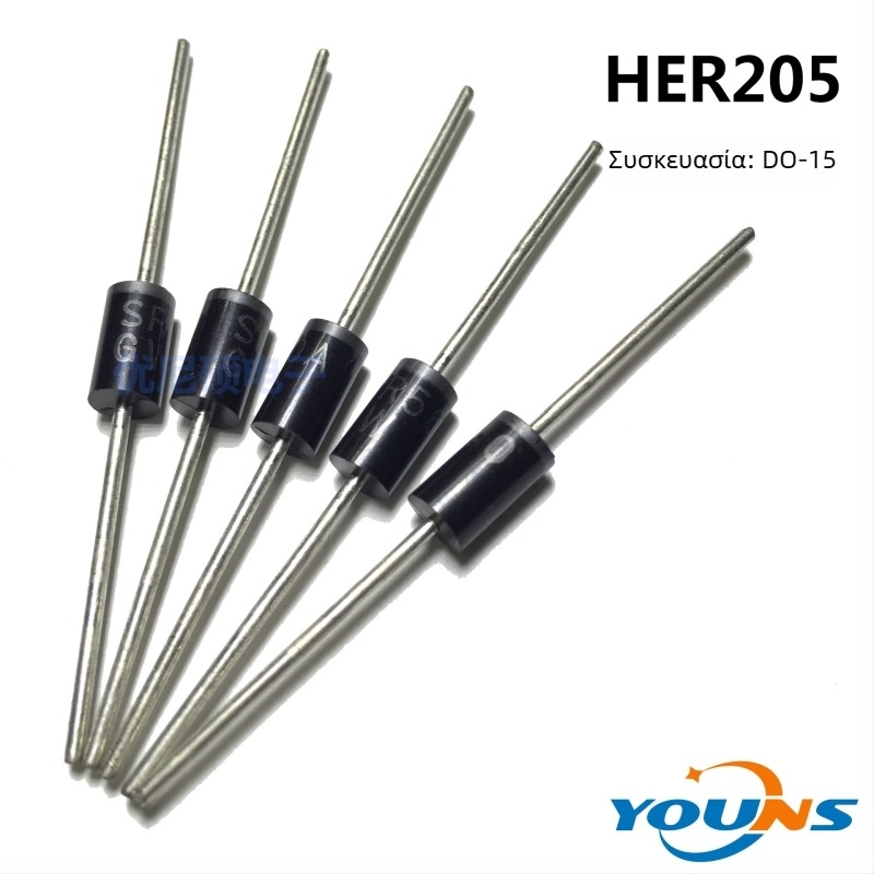 HER205 Διόρθωτική δίοδος, 2A 400V, DO-15, για LED τροφοδοτικό