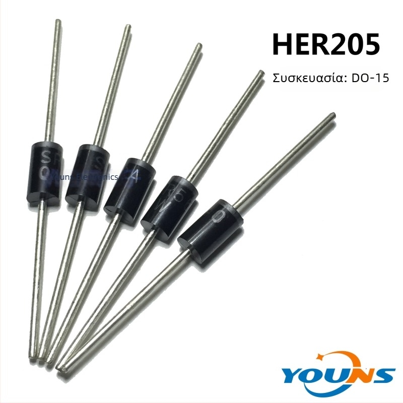 HER205 Διόρθωτική δίοδος, 2A 400V, DO-15, για LED τροφοδοτικό