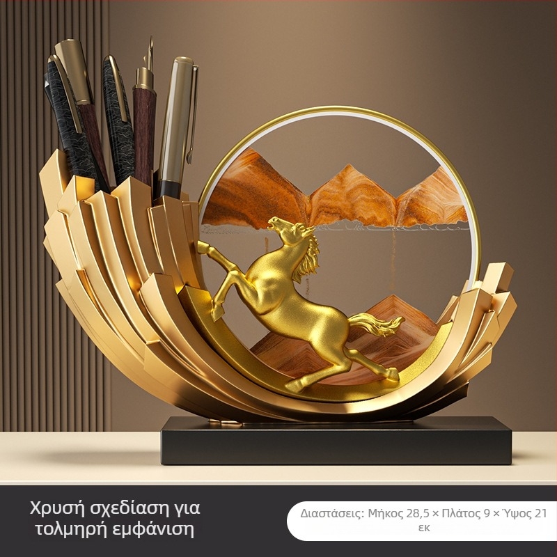 Άλογο σε σχέδιο άμμου, διακοσμητικό επιτραπέζιο με θήκη στυλό — πολυτελής διακόσμηση γραφείου, δώρο εγκαινίων