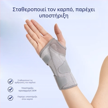 Αεράτος νάρθηκας καρπού με διαπερατό ύφασμα, ρυθμιζόμενη σταθερή στήριξη και αποσπώμενη μεταλλική πλάκα