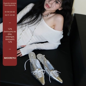 Mooreyu Ασημί γυναικείες γόβες από γνήσιο δέρμα με μυτερό άκρο, φιόγκος, κλειστό μπροστινό μέρος, λεπτή φτέρνα и ρυθμιζόμενο λουράκι