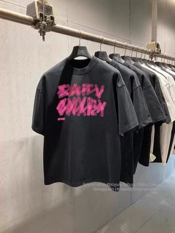 Γυναικείο T-shirt από βαρύ βαμβάκι, κοντά μανίκια, στρογγυλός λαιμός, χαλαρή γραμμή, γεωμετρικό σχέδιο, καλοκαιρινό