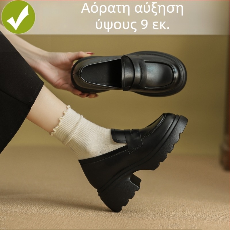 Γυναικείοι δερμάτινοι loafers με παχιά σόλα 9 cm, slip-on, μαύρο, άνοιξη 2026, μέγεθος 32–33
