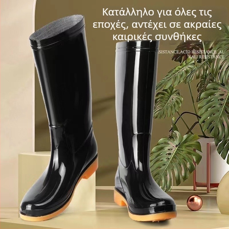 Μπότα βροχής με σόλα από δέρμα βοείου, ανθεκτικές στη φθορά, ζεστή επένδυση, ανθεκτικές σε οξέα και βάσεις, υψηλό κολάρο, αντιολισθητικές, unisex, κατάλληλες για εργασία και πλύσιμο αυτοκινήτων