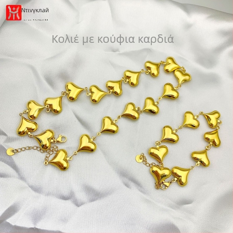 Γαλλικού στιλ κούφιο καρδιά από ανοξείδωτο ατσάλι, γυναικείο κολιέ για ντεκολτέ, επίχρυσο 18K