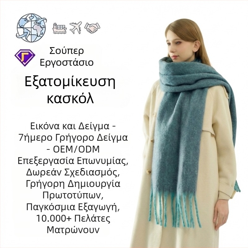Γυναικείο μονόχρωμο κασκόλ με μακριές φούντες, ζεστό πολυεστέρας για τον χειμώνα