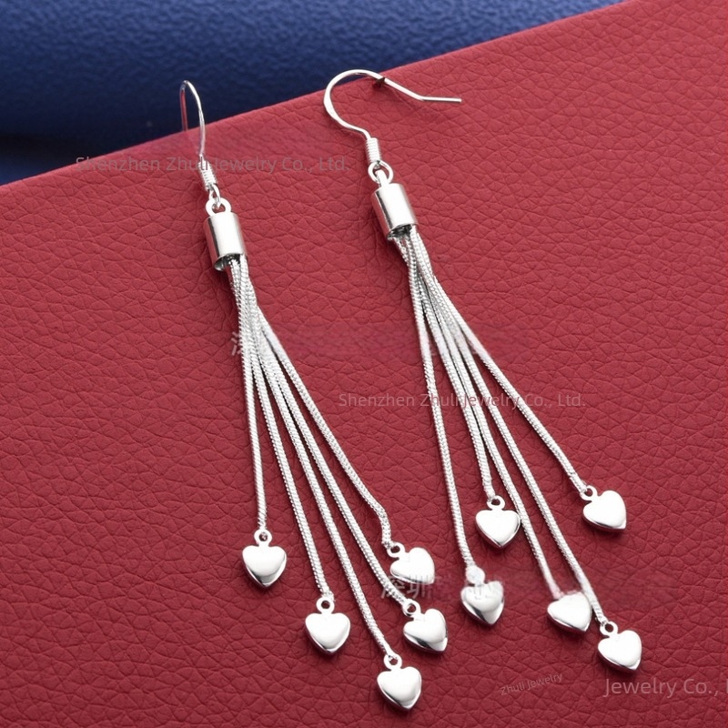Κορεατικό στυλ ασημένια σκουλαρίκια με φούντα και μοτίβο πέντε καρδιών, σε σχήμα καρδιάς για γυναίκες