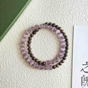 Γυναικείο πολυεπίπεδο βραχιόλι με μοβ μάτια γάτας και σανδαλόξυλο με χρυσή κλωστή, vintage κινεζικό στυλ.