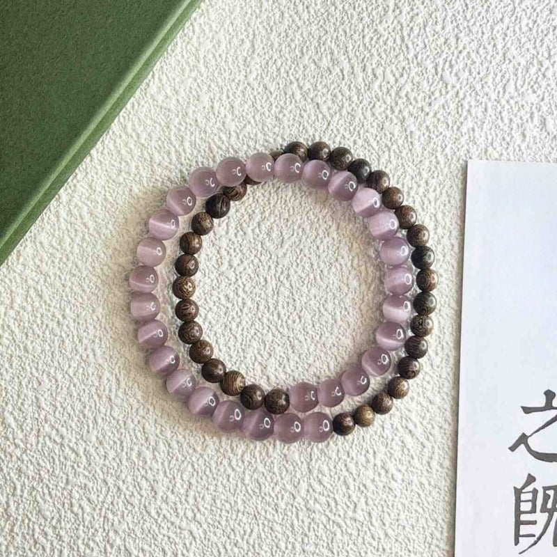 Γυναικείο πολυεπίπεδο βραχιόλι με μοβ μάτια γάτας και σανδαλόξυλο με χρυσή κλωστή, vintage κινεζικό στυλ.