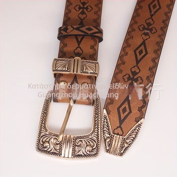 Ζώνη από κράμα vintage με τρύπες, γυναικεία αγκράφα με καρφί, ανάγλυφο και εκτυπωμένο μοτίβο, ευέλικτη PU δερμάτινη ζώνη μέσης, μήκος 105 εκ, πλάτος 3,7 εκ