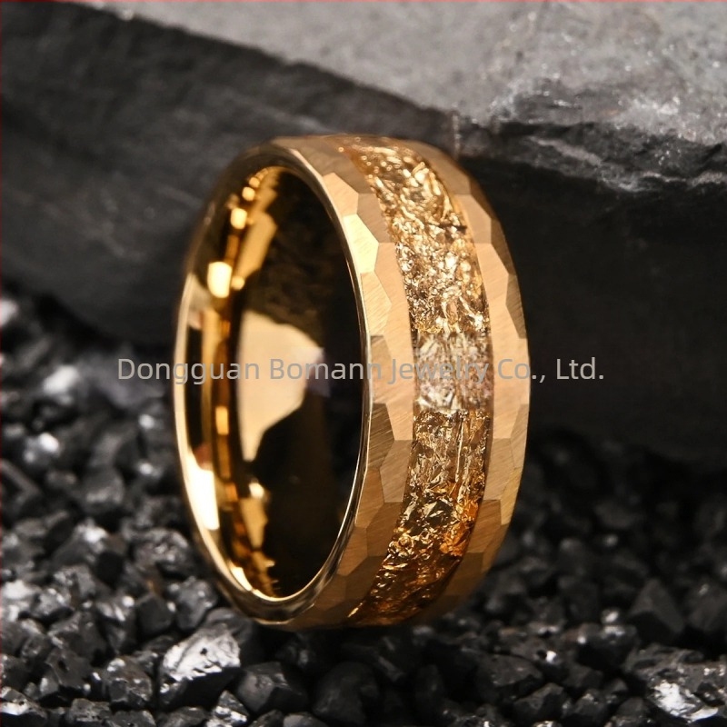 Δαχτυλίδι από tungsten steel, πλάτους 8 mm, με επίχρυσο 18K και ένθετο θραυσμένο φύλλο χρυσού – Unisex, μινιμαλιστικό στυλ
