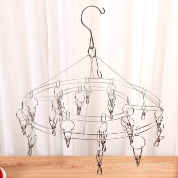 Ανοξείδωτη κρεμάστρα ρούχων με 20 κλιπ και κυκλικό δίσκο για κάλτσες, στιβαρός πολυκλιπ στεγνωτήρας με προστασία από τον άνεμο