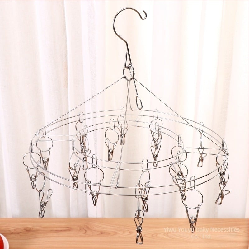 Ανοξείδωτη κρεμάστρα ρούχων με 20 κλιπ και κυκλικό δίσκο για κάλτσες, στιβαρός πολυκλιπ στεγνωτήρας με προστασία από τον άνεμο