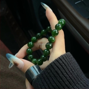 Φυσικό βραχιόλι από Hetian Jade με σφαιρικές χάντρες, σπανάκι-πράσινο jade, συλλεκτικής κατηγορίας