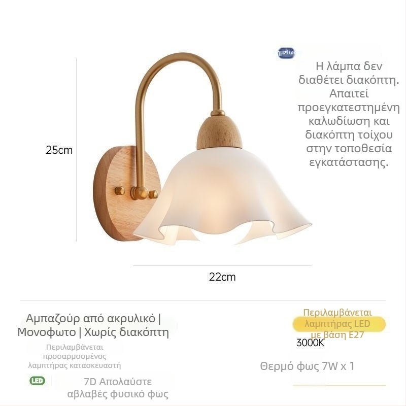 Φωτιστικό τοίχου ιαπωνικού στυλ με γυάλινο σκιάδιο, ανθώδες αγροτικό σχέδιο, ξύλινο φόντο; κατάλληλο για υπνοδωμάτιο, γραφείο και διάδρομο