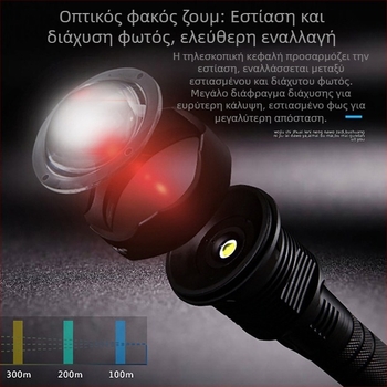 Φακός P70 / P50 με υψηλή φωτεινότητα, USB φόρτιση, τηλεσκοπικό εστιασμό, υπερλαμπρός με μακρύ εμβέλεια, κράμα αλουμινίου