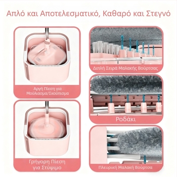 Αναβαθμισμένος αυτοσταθόμενος περιστρεφόμενος σφουγγαρίστρα με τετράγωνη κεφαλή 90°, πτυσσόμενος, μικροϊνες