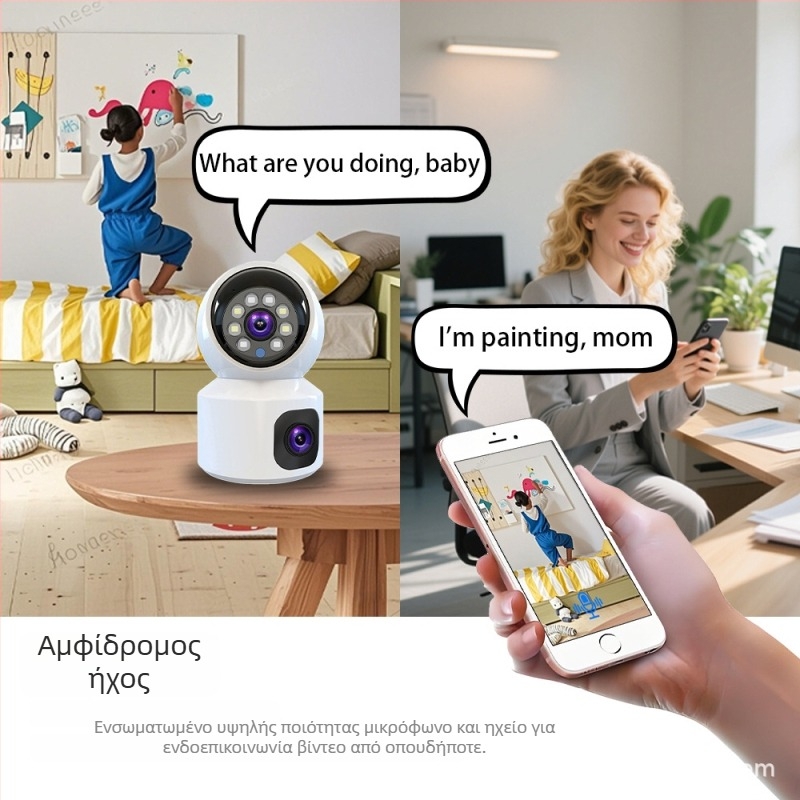 Ασύρματη Wi‑Fi κάμερα παρακολούθησης για εσωτερική και εξωτερική χρήση, με διπλούς φακούς και περιστροφή 360°