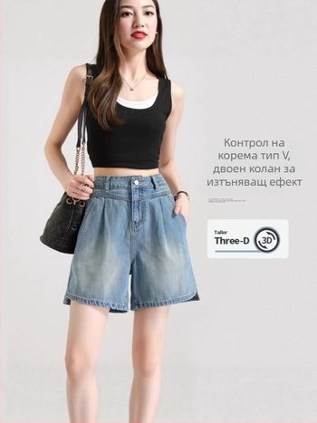 Γυναικείοι τζιν σορτς με σχίσιμο, καλοκαίρι 2025, ελαφρύ ύφασμα, ψηλόμεσα, Α-γραμμή, χαλαρή εφαρμογή, μεσαίο μήκος, για μικρό ανάστημα