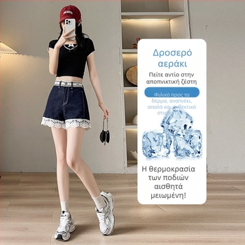 Γυναικείοι σορτς από τζιν με δαντέλα, υψηλής μέσης, άνετη γραμμή, Α-γραμμή σιλουέτα, μπλε τζίν, καλοκαιρινό μοντέλο 2025