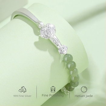 Ασημένιο βραχιόλι 999 με φυσικό Hetian Jade, χάντρες σε σχέδιο Ρούι, κομψό γυναικείο κόσμημα σε νέο κινέζικο στυλ