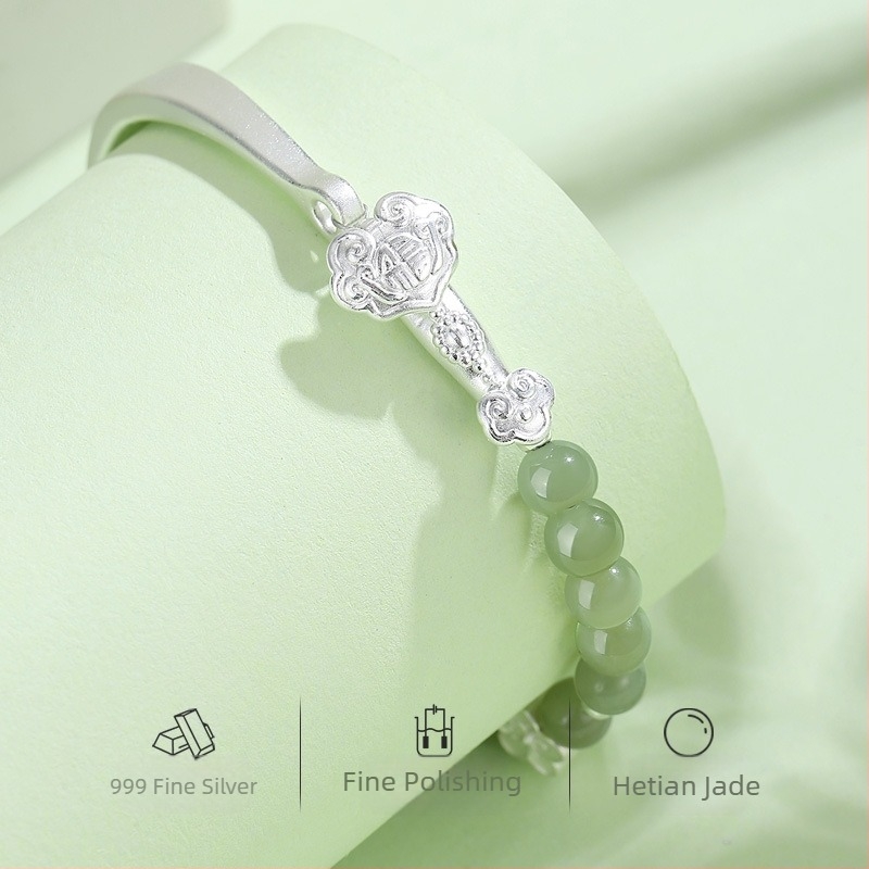 Ασημένιο βραχιόλι 999 με φυσικό Hetian Jade, χάντρες σε σχέδιο Ρούι, κομψό γυναικείο κόσμημα σε νέο κινέζικο στυλ