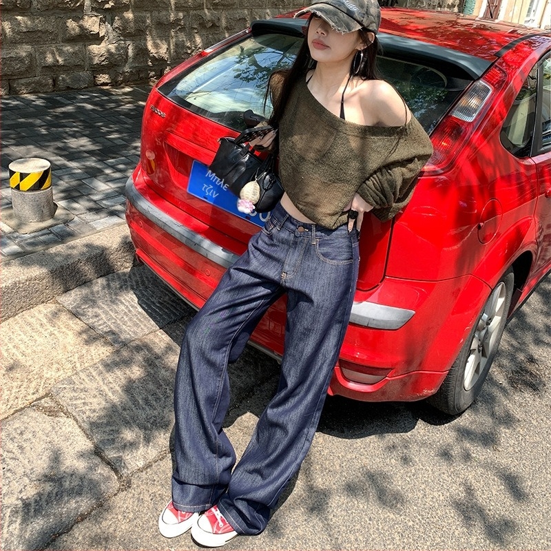 Γυναικείες φαρδιές τζιν από Lyocell-denim, σκούρο μπλε, χαμηλή μέση, χαλαρή εφαρμογή, ίσια γραμμή, μήκος μέχρι πάτωμα