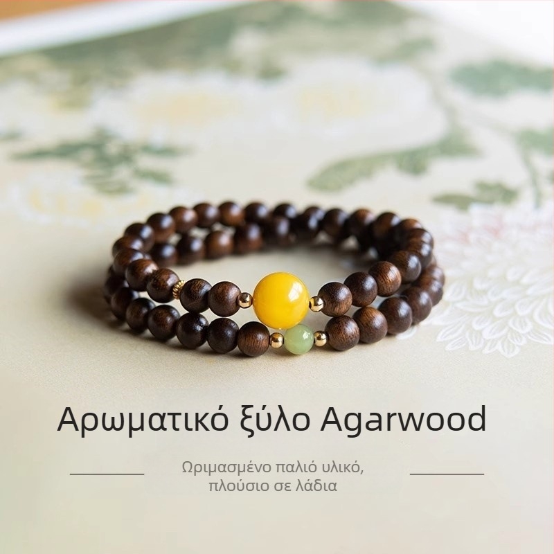 Βραχιόλι από ξύλο αγάρου με διπλό κύκλο, χάντρες από κεχριμπάρι και νεφρίτη, unisex, ρετρό εθνοτικό στυλ