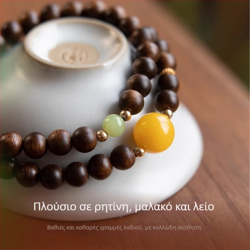 Βραχιόλι από ξύλο αγάρου με διπλό κύκλο, χάντρες από κεχριμπάρι και νεφρίτη, unisex, ρετρό εθνοτικό στυλ