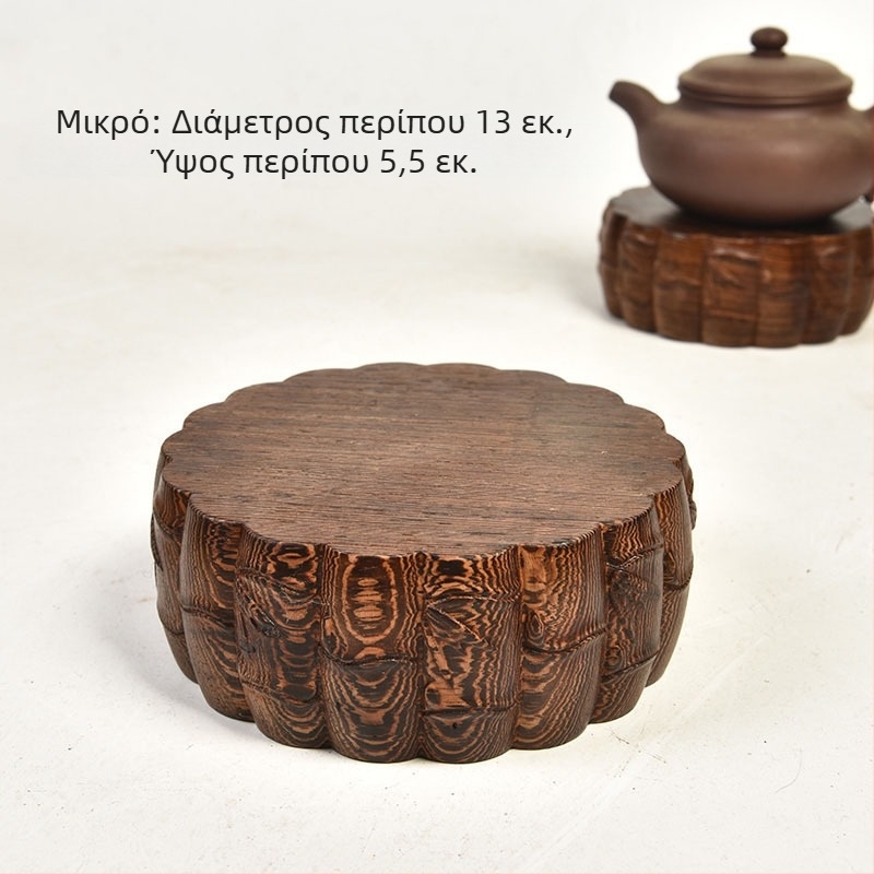 Κύκλικη βάση από κόκκινο ξύλο με μοτίβο μπαμπού – ξυλογλυπτική διακόσμηση για μπονσί και βάση γλάστρας με αγαλματάκι Buddha