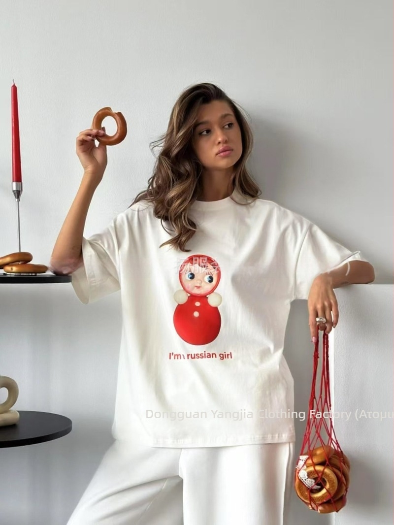 Γυναικείο βαμβακερό T‑shirt με τύπωμα καρδιάς, κοντό μανίκι, στρογγυλός λαιμός, φαρδιά γραμμή, καλοκαίρι