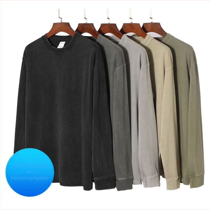 280 g αμερικανικό ρετρό πλυμένο μακρυμάνικο T-Shirt για άνδρες, χαλαρή γραμμή, βιντάζ μαύρο, παχύ ύφασμα