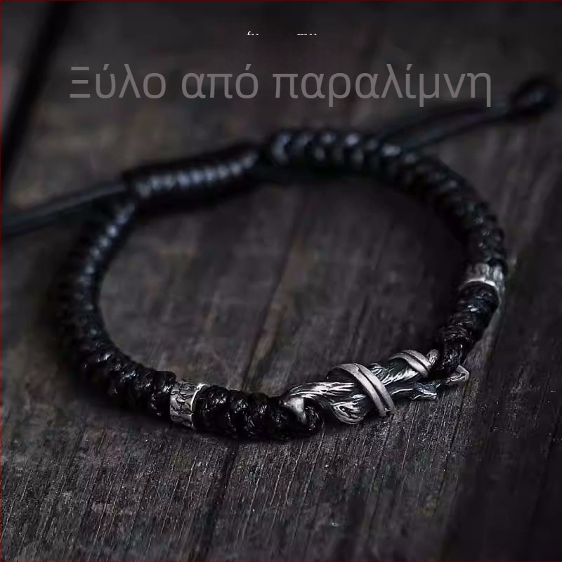 Xinqi Jewelry driftwood βραχιόλι για άνδρες - σκούρο στυλ, μίνιμαλ, υφαντός κορδόνι, βιντάζ Thai silver κόσμημα