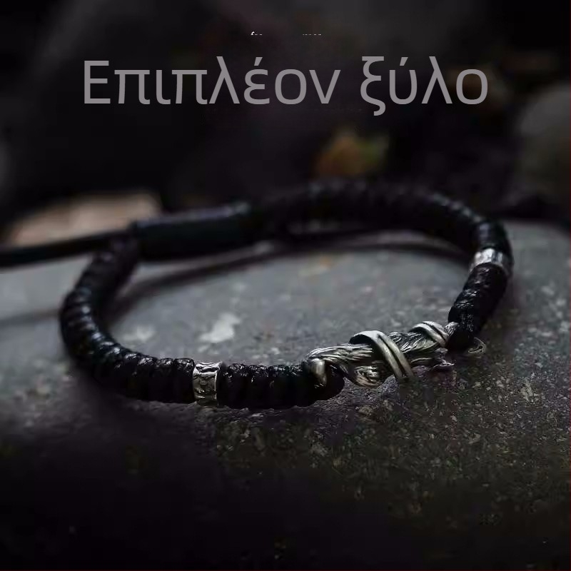 Xinqi Jewelry driftwood βραχιόλι για άνδρες - σκούρο στυλ, μίνιμαλ, υφαντός κορδόνι, βιντάζ Thai silver κόσμημα